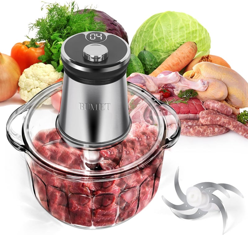 BUMET 16 cup glass bowl 850W Electric Food Processor,LED timer. 3-Tiered 6 Cutting Edges blade for mincing, chopping,Ideal as meat grinder,fresh vegetables chopper,pet food process in kitchen. - Image 1